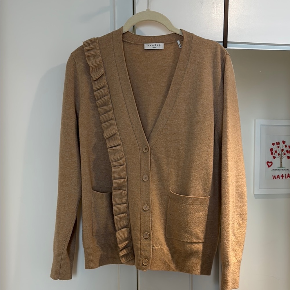 Sandro Tan Ruffled Knit Cardigan. Cashmere/wool.